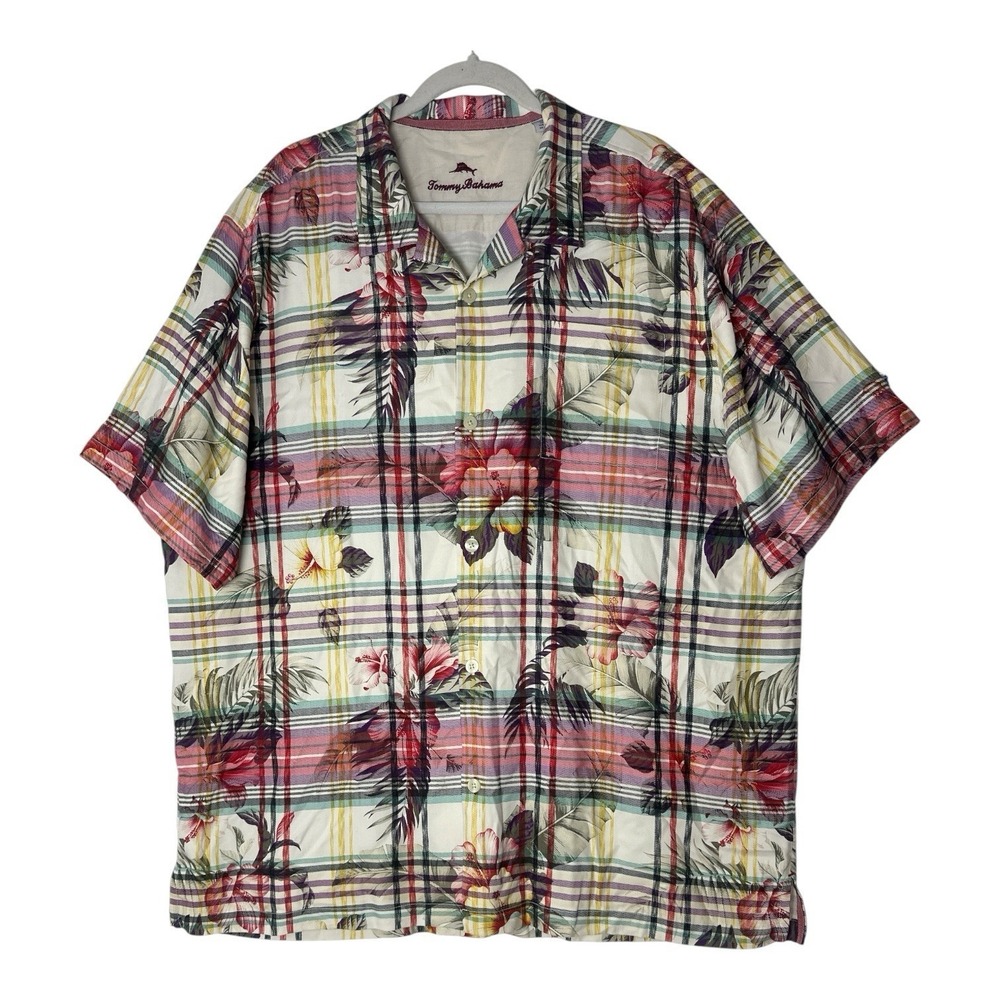 Tommy Bahama 100% Silk Shirt Mens 2XL Floral Plaid Short Sleeve Button Up Resort